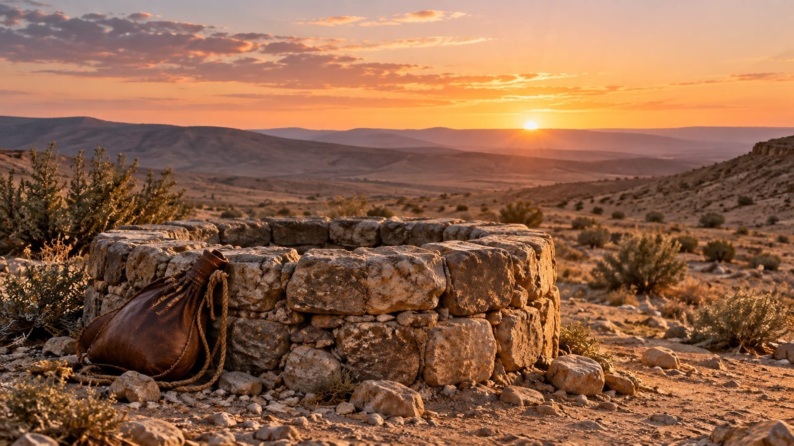 Fonte de pedra no deserto ao amanhecer, com um odre de couro apoiado ao lado
