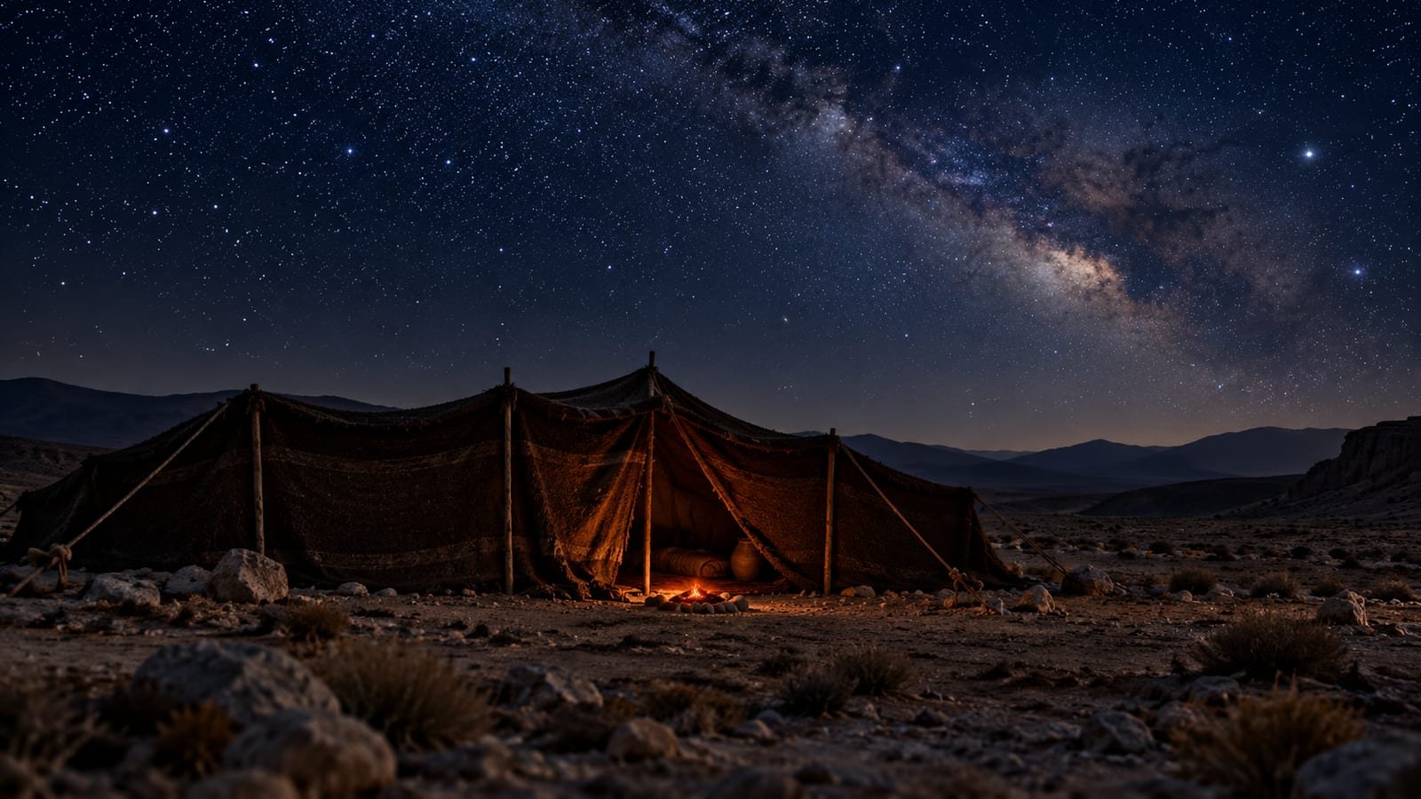 Tenda de pelos de cabra no deserto sob um céu imenso e estrelado, com a brasa fraca de uma fogueira à entrada