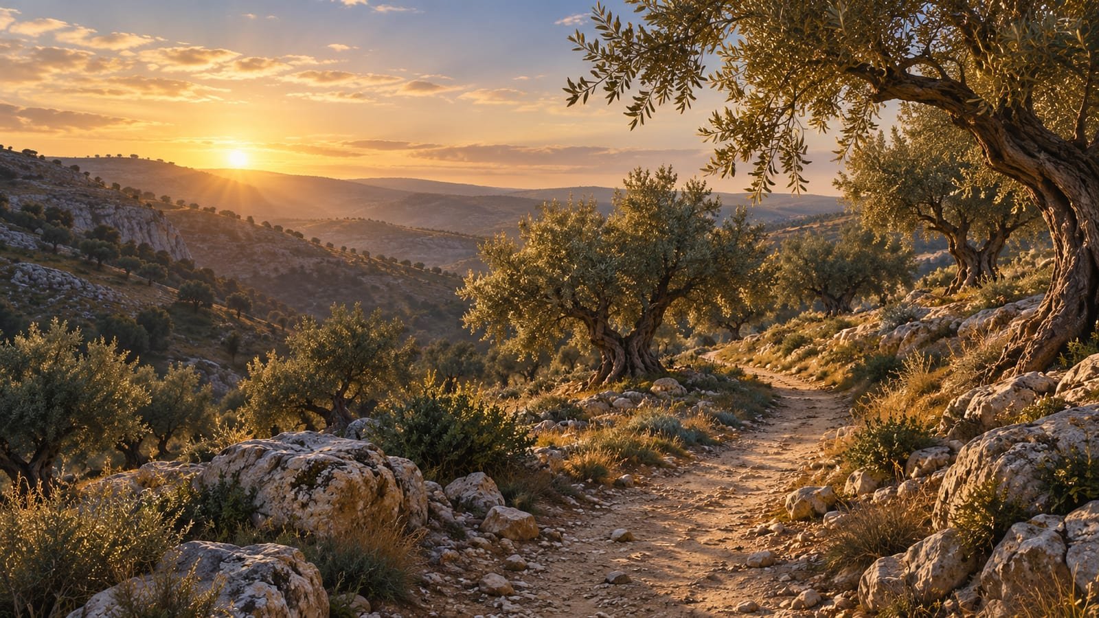 Estrada de terra entre colinas pedregosas e oliveiras ao amanhecer, sem ninguém no caminho