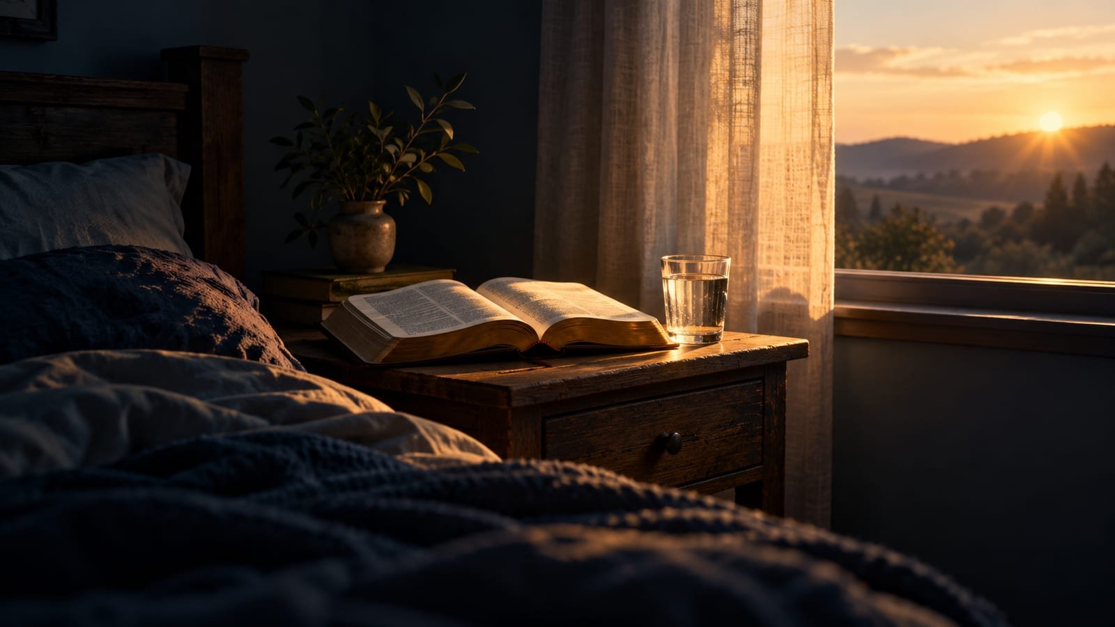Luz do amanhecer entrando pela janela de um quarto ainda escuro, com uma Bíblia aberta sobre a mesa de cabeceira