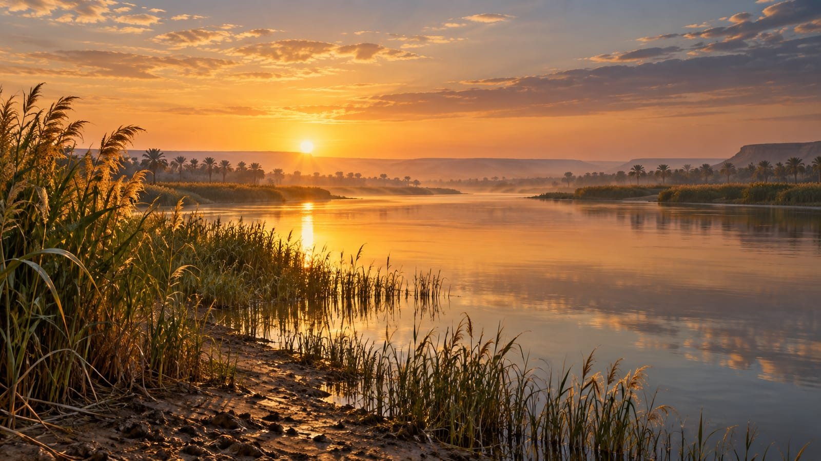 Margem de um grande rio ao amanhecer, com juncos e água mansa