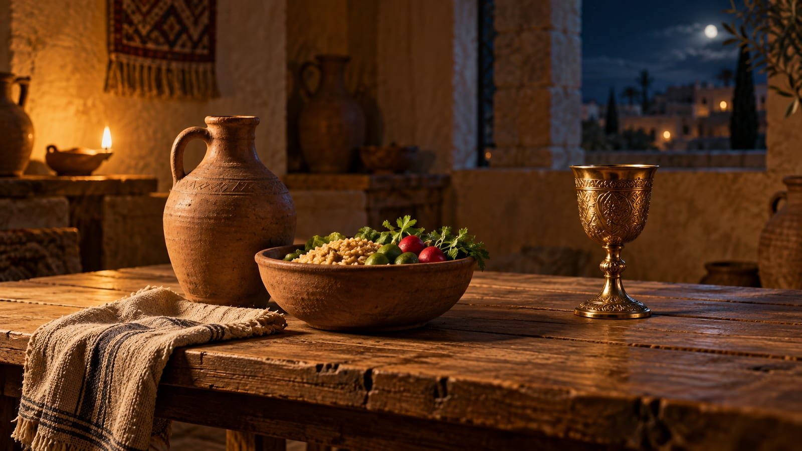 Tigela de barro com legumes e grãos e um jarro de água sobre mesa simples, ao lado de uma taça de metal deixada de lado