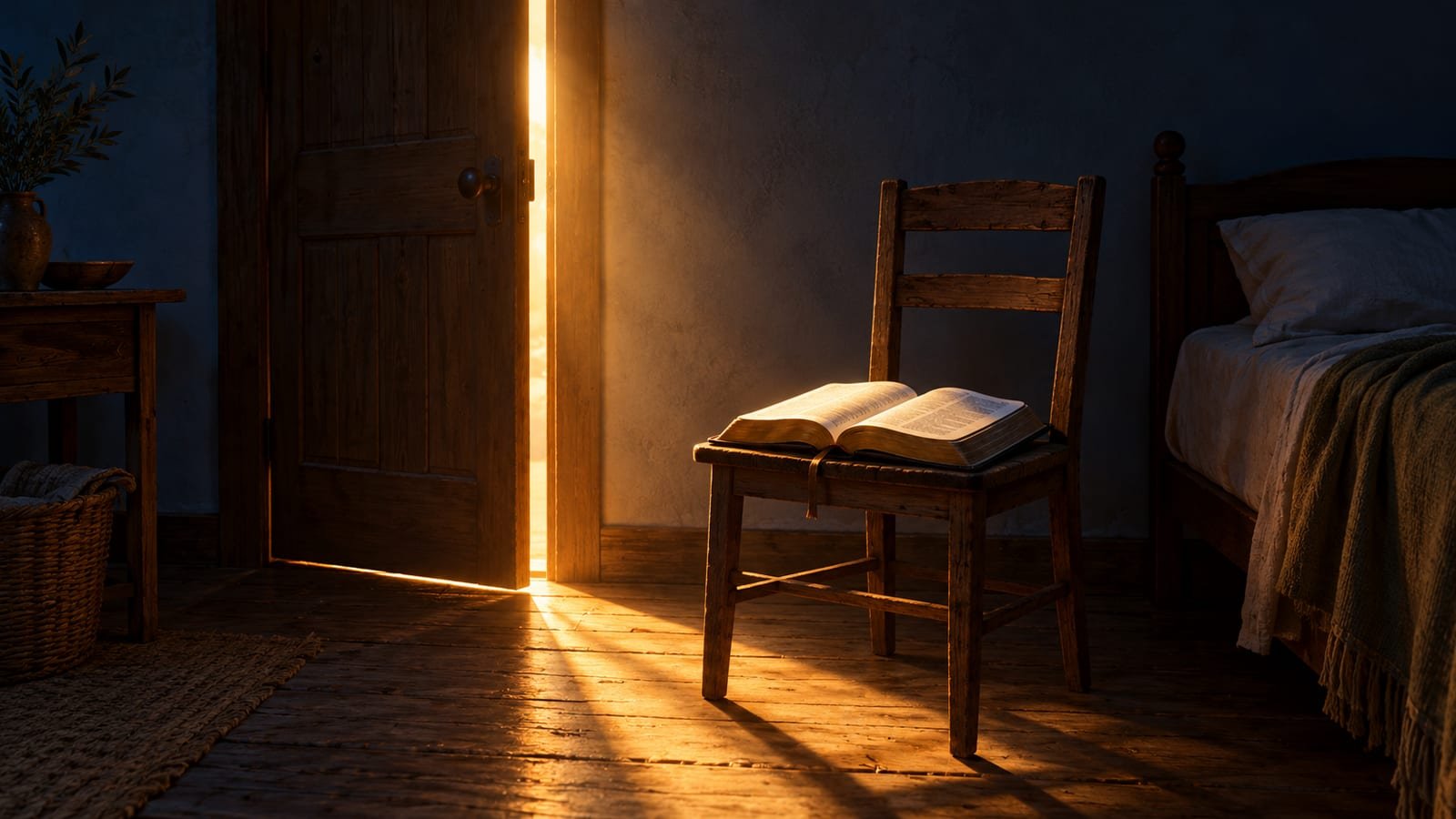 Porta de um quarto simples quase fechada, com a luz do amanhecer passando pela fresta e uma Bíblia aberta sobre uma cadeira