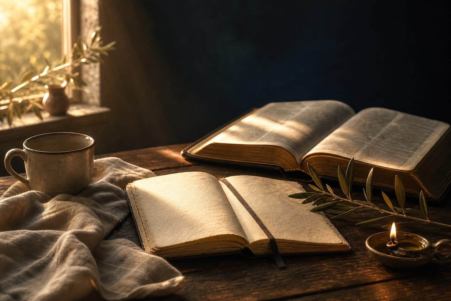 Mesa devocional com livro aberto, caderno e luz da manhã