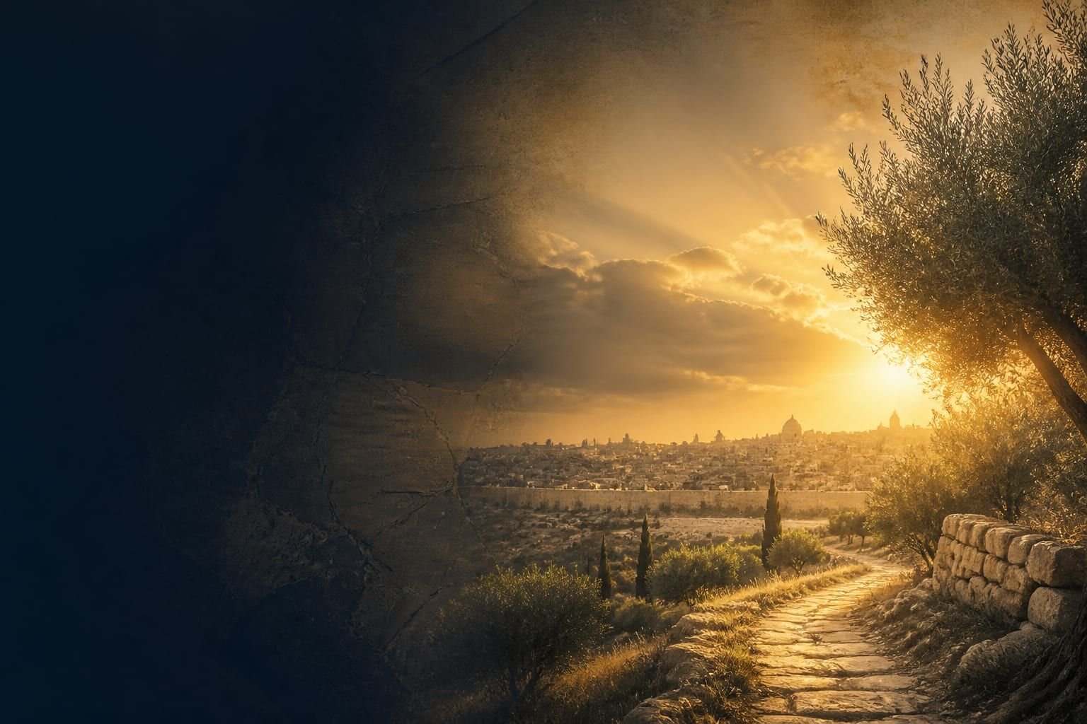 Paisagem bíblica ao amanhecer com caminho de pedra e luz dourada
