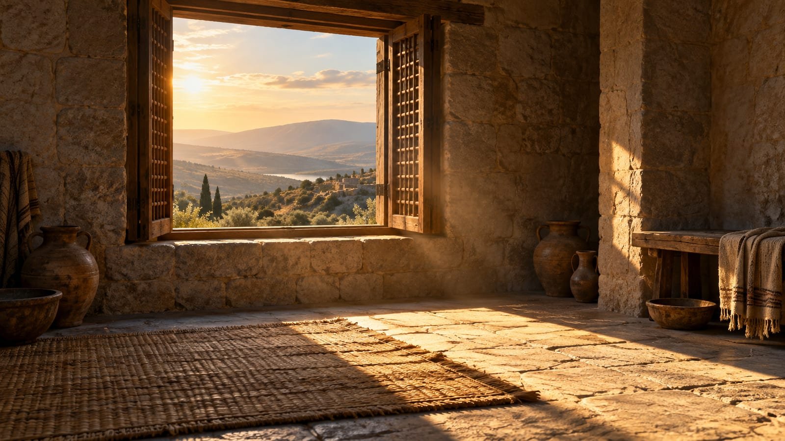 Janela aberta num quarto alto de uma casa de pedra antiga, com luz dourada entrando e o horizonte ao longe
