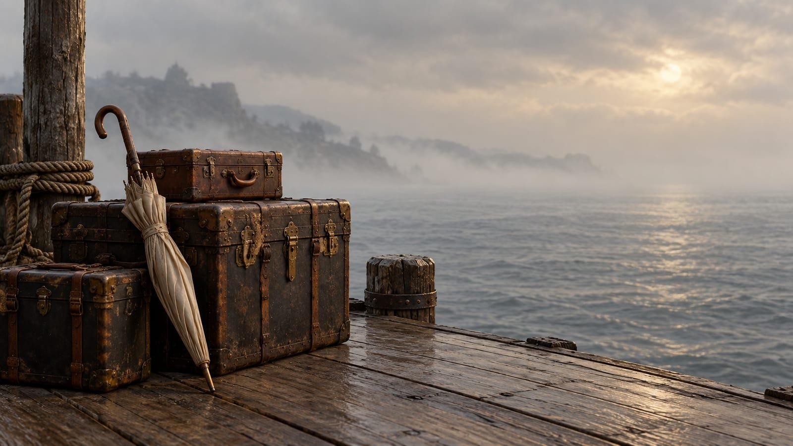 Cais de um porto antigo envolto em névoa, com baús de viagem e um guarda-chuva de lona junto ao mar