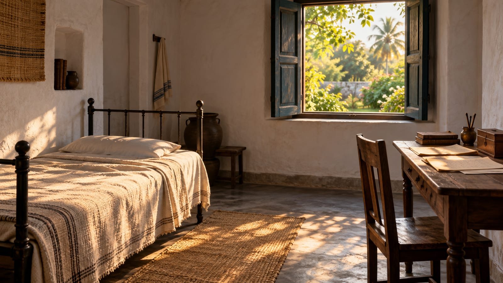 Quarto simples com cama estreita de ferro, escrivaninha pequena com papéis e janela aberta para a luz da tarde