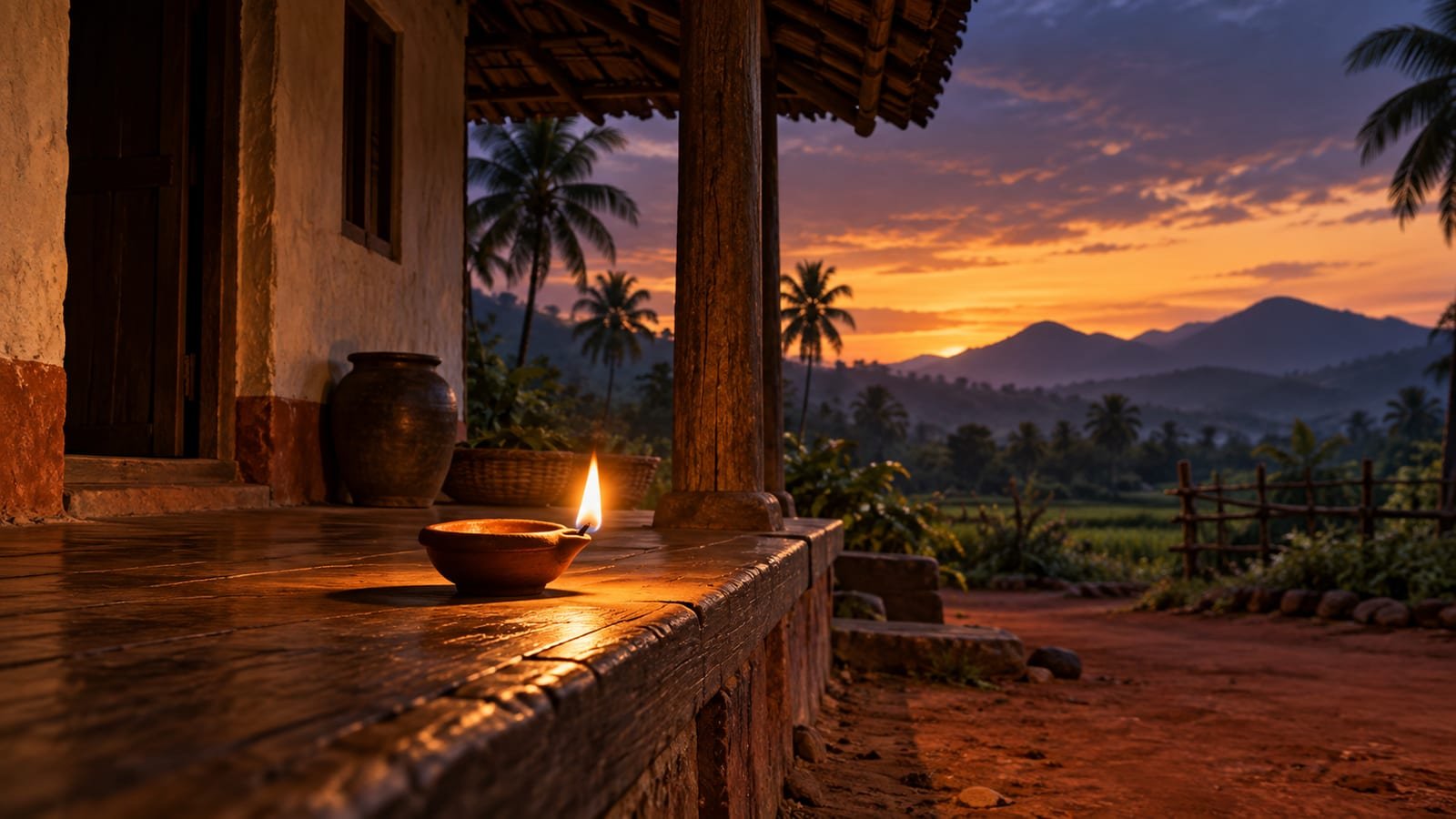 Lamparina de óleo acesa numa varanda simples do sul da Índia ao entardecer, com chão de terra avermelhada, palmeiras e montanhas ao fundo