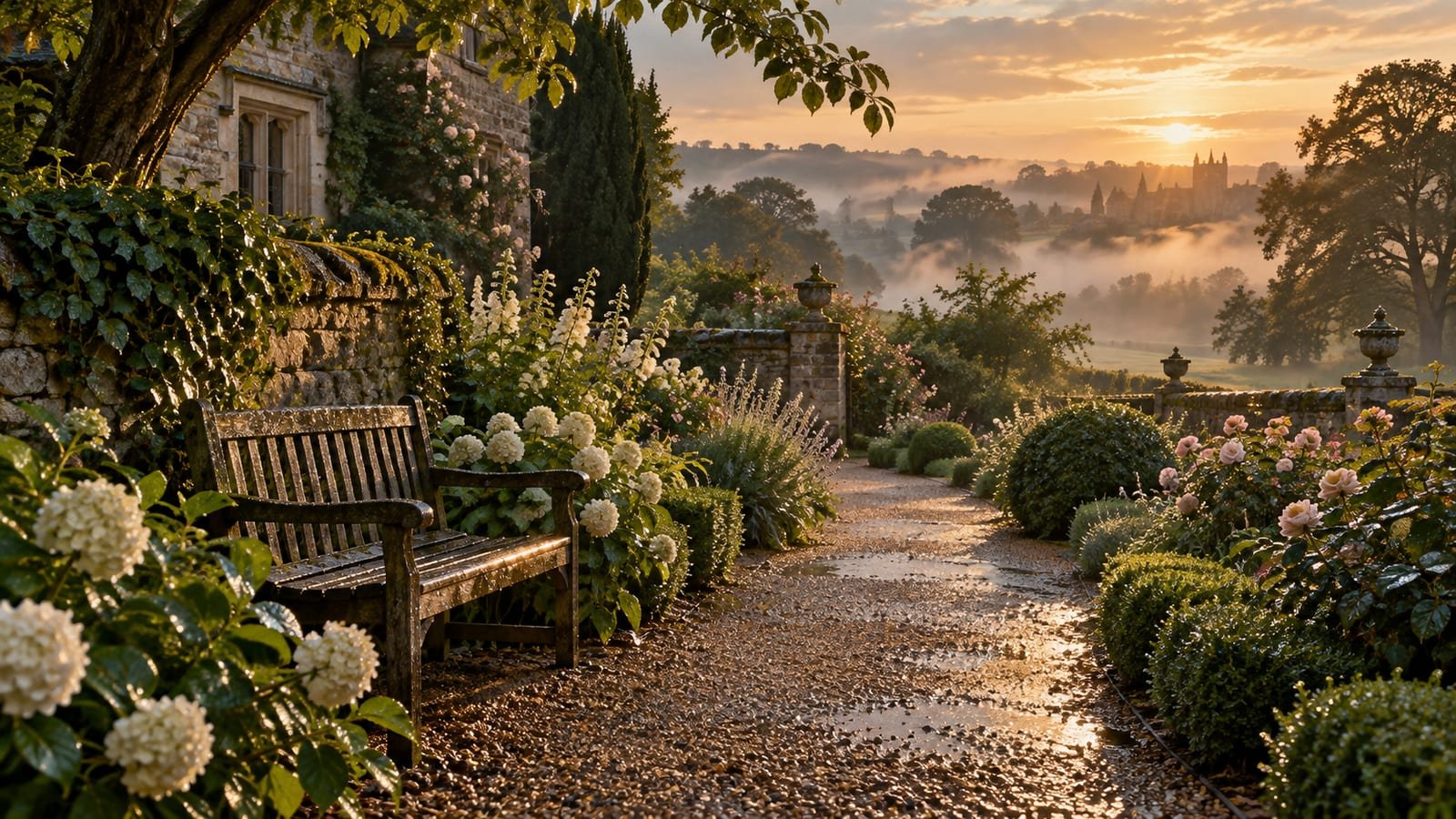 Caminho de um jardim inglês ao amanhecer, depois da chuva, com um banco de madeira vazio entre os canteiros