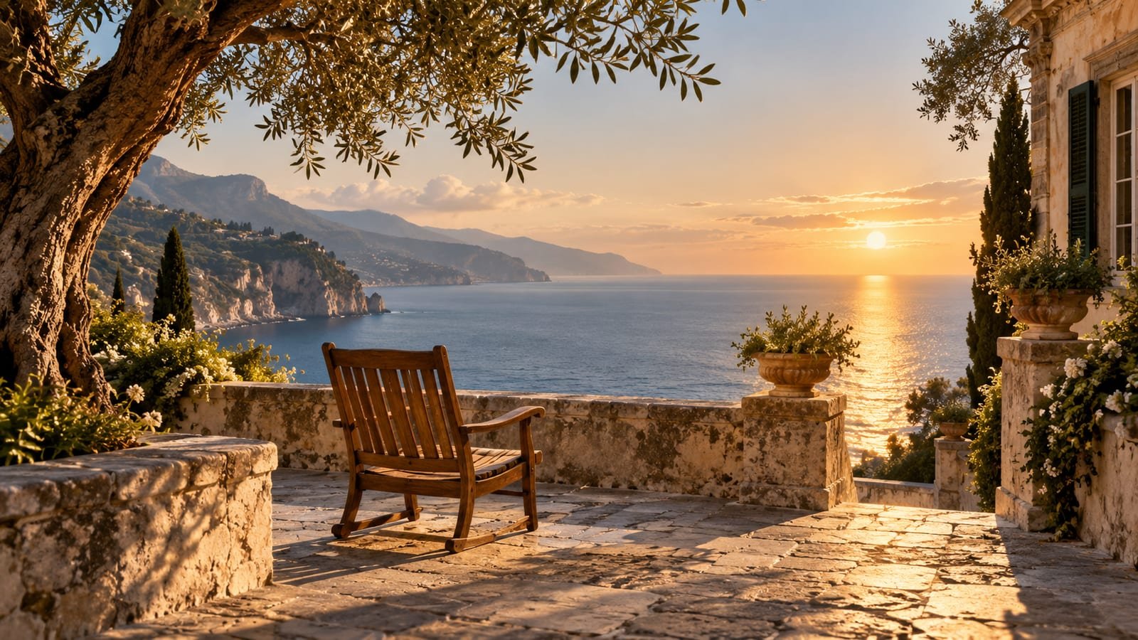 Terraço de pedra com oliveiras e o mar Mediterrâneo ao fundo, com uma cadeira vazia à luz do fim da tarde