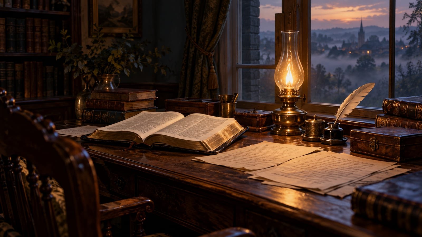 Escrivaninha antiga de madeira escura à luz de lamparina, com uma Bíblia aberta, folhas de sermão manuscritas e uma janela com névoa ao entardecer