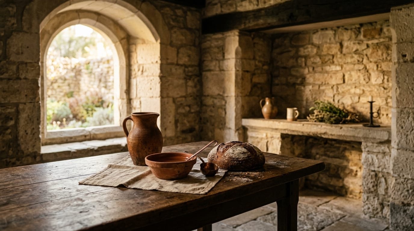 Mesa rústica de madeira com jarro de cerâmica, pão e luz matinal serena entrando pela janela de pedra