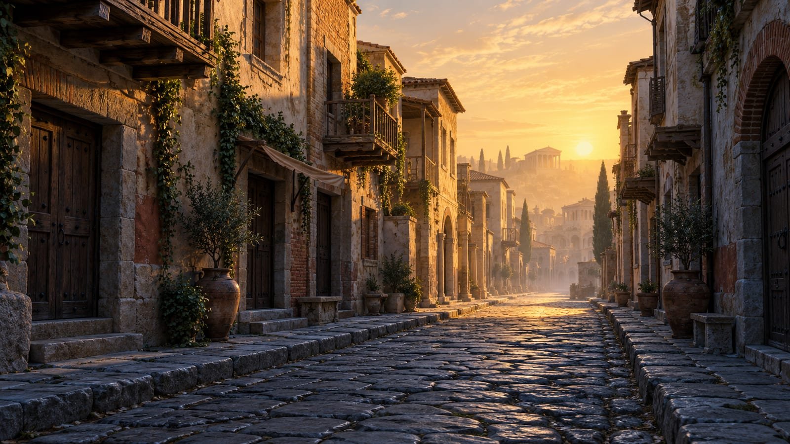 Rua de Roma no século I ao amanhecer, com casas simples de pedra