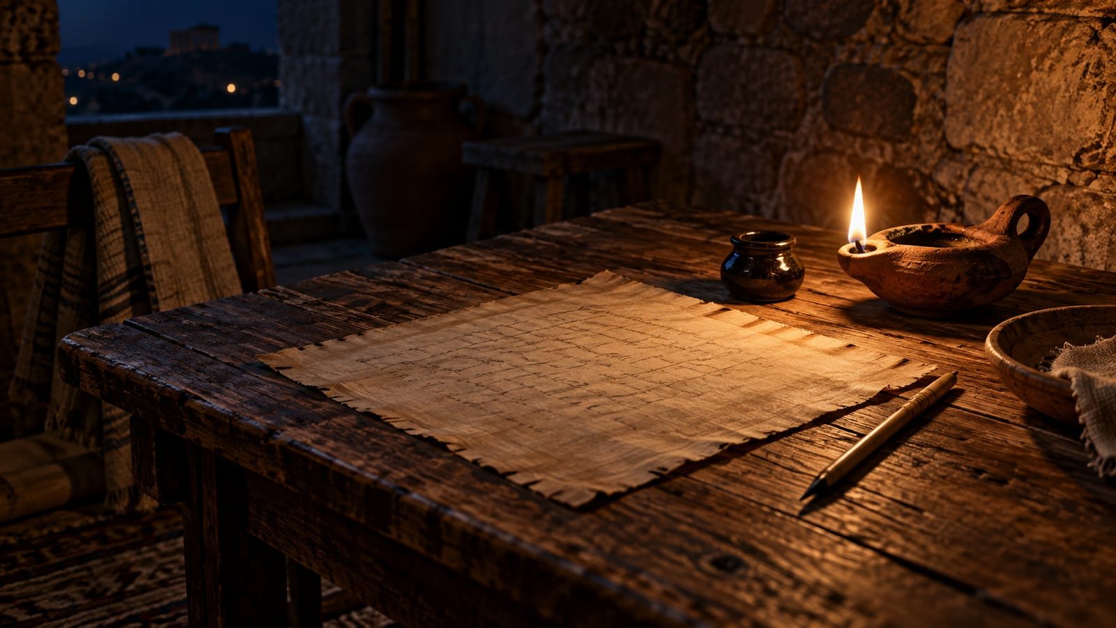 Carta em papiro e pena sobre uma mesa de madeira, à luz de uma lamparina, numa noite em Corinto