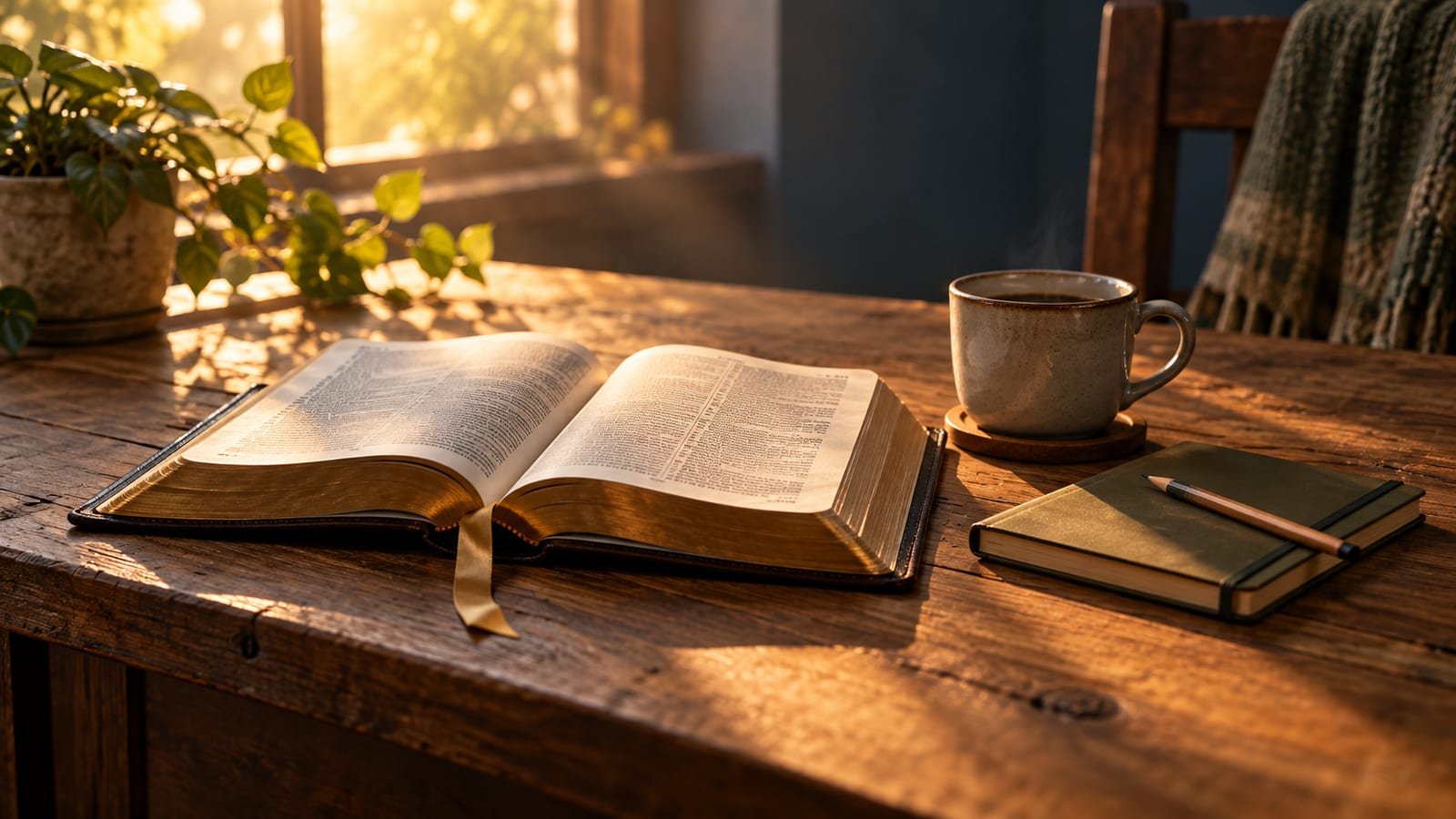 Bíblia aberta com marcador de fita ao lado de uma xícara e de um caderno pequeno, na luz suave do começo da manhã