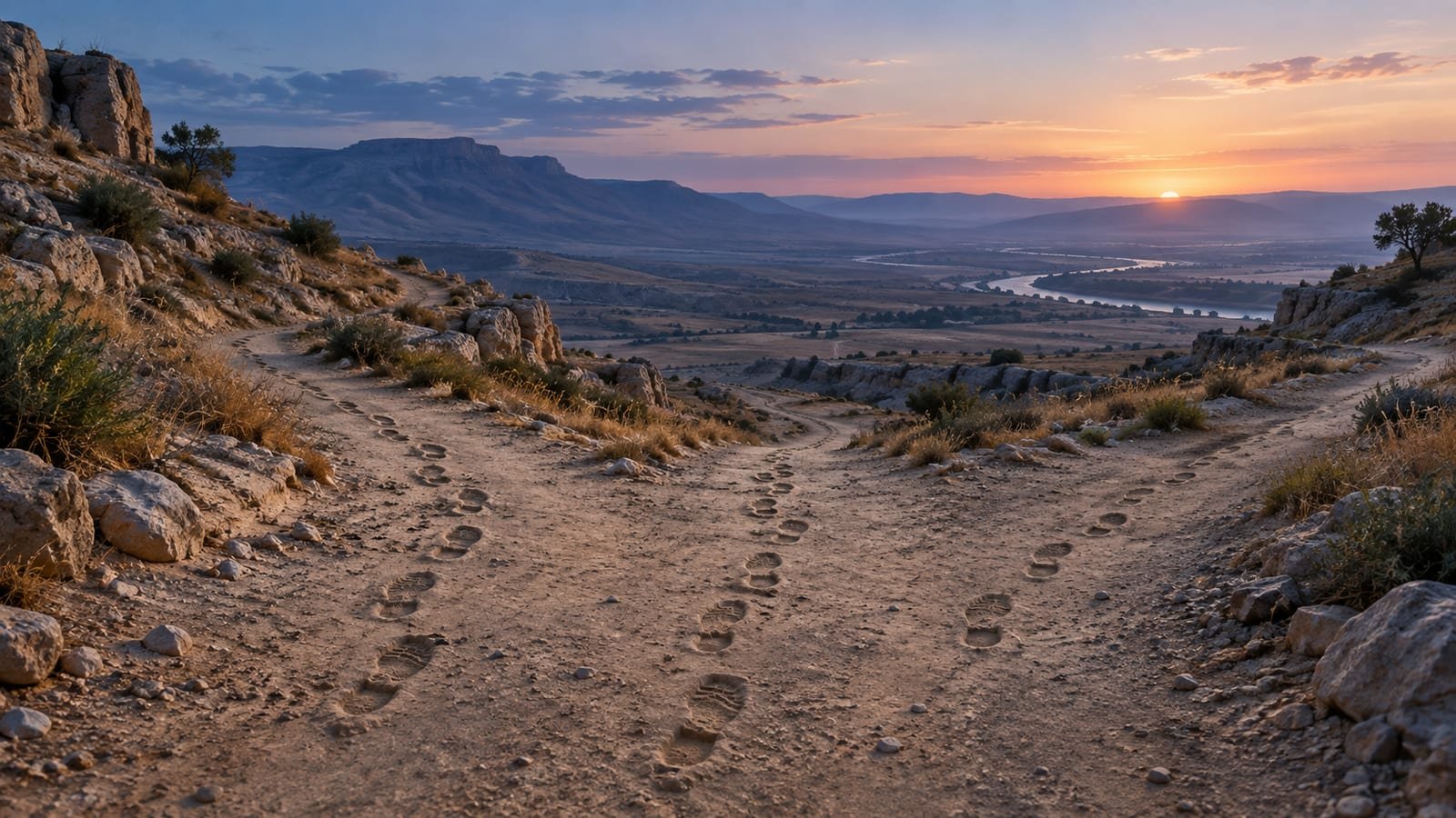 Estrada de terra descendo colinas ao amanhecer, com duas trilhas de sandálias seguindo juntas e uma voltando no sentido contrário