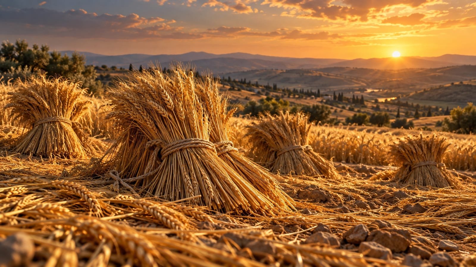 Campo de cevada madura ao entardecer, com feixes amarrados e espigas caídas entre eles, e colinas ao fundo