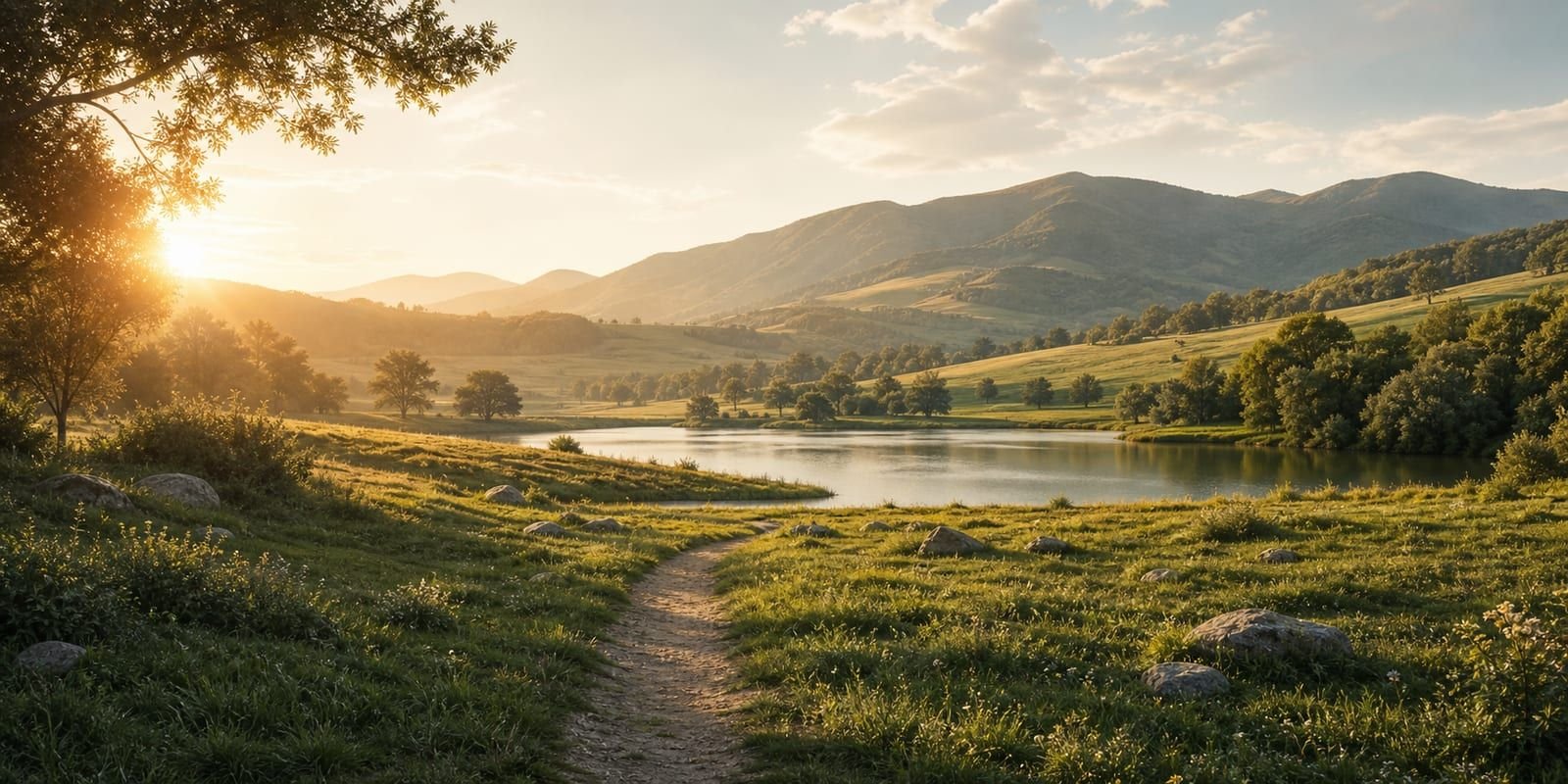 Campo verde com caminho tranquilo, água calma e luz suave ao amanhecer